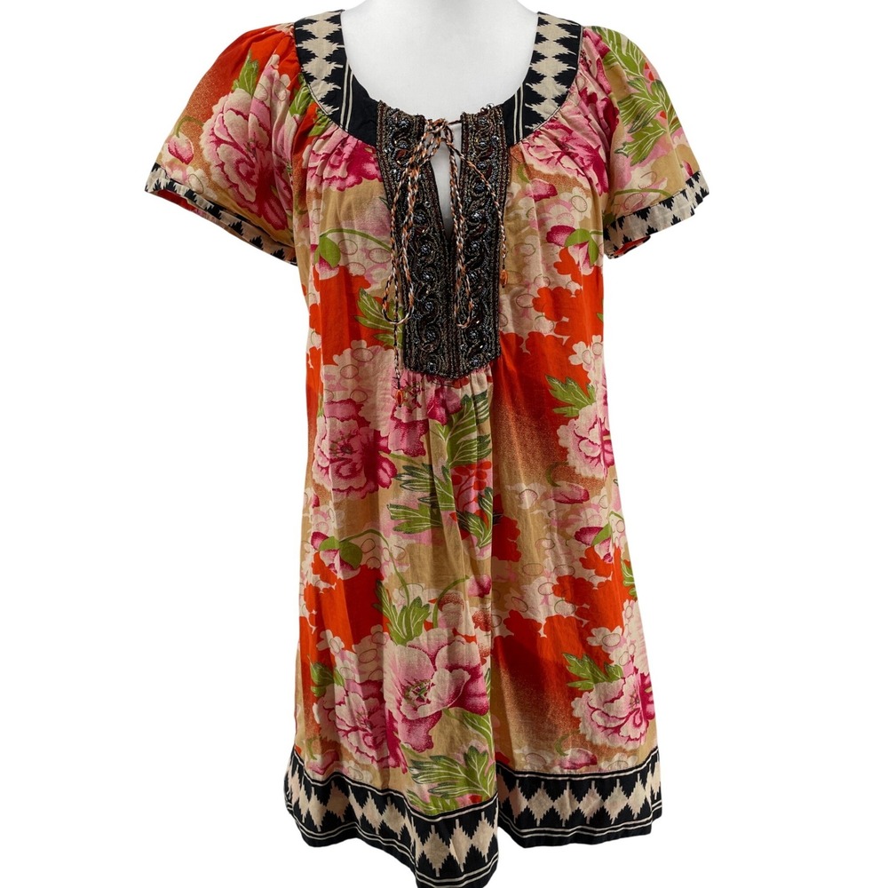 Pixie‎ Floral Dress Womens Medium Orange Pink Beaded Cotton Boho Artsy Tropical